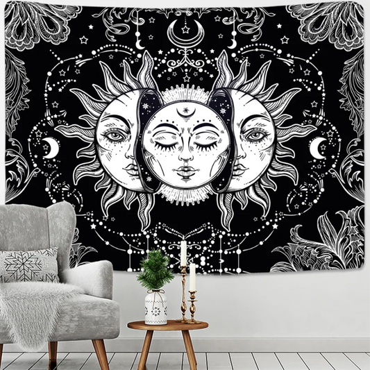 Mandala Sun & Moon Tapestry – Black & White Wall Hanging for Tarot, Dorm & Hippie Decor